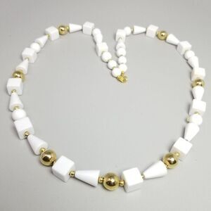 Vintage Trifari White and Gold Tone Long Plastic Beaded Necklace, Funky Shapes